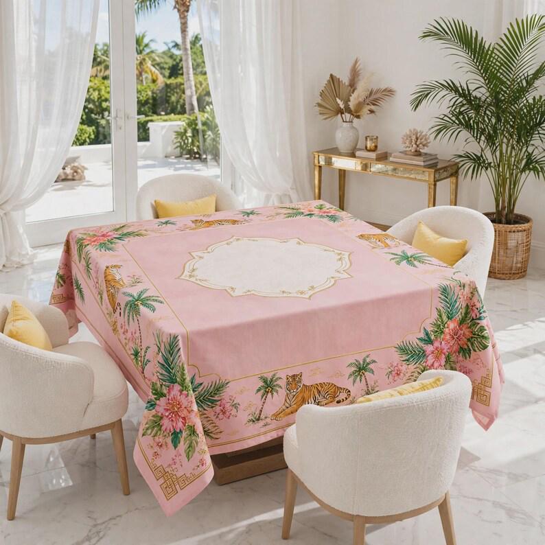 Pink Chinoiserie Tablecloth, Tiger Palm Mahjong Table Cover, Square Card Table Linen 55x55, Grandmillennial Palm Beach Decor, Hostess Gift