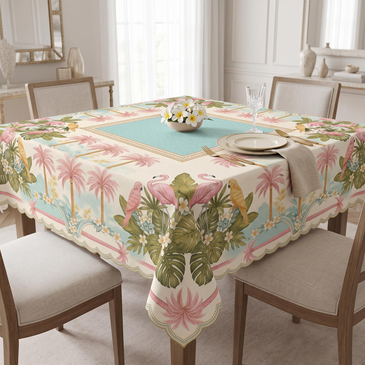 Cockatoo Palm Tablecloth 55x55, Pink Plumeria Mahjong Table Linen, Pastel Resort Square Table Cover, Preppy Decor, Mahjong Ladies Gift