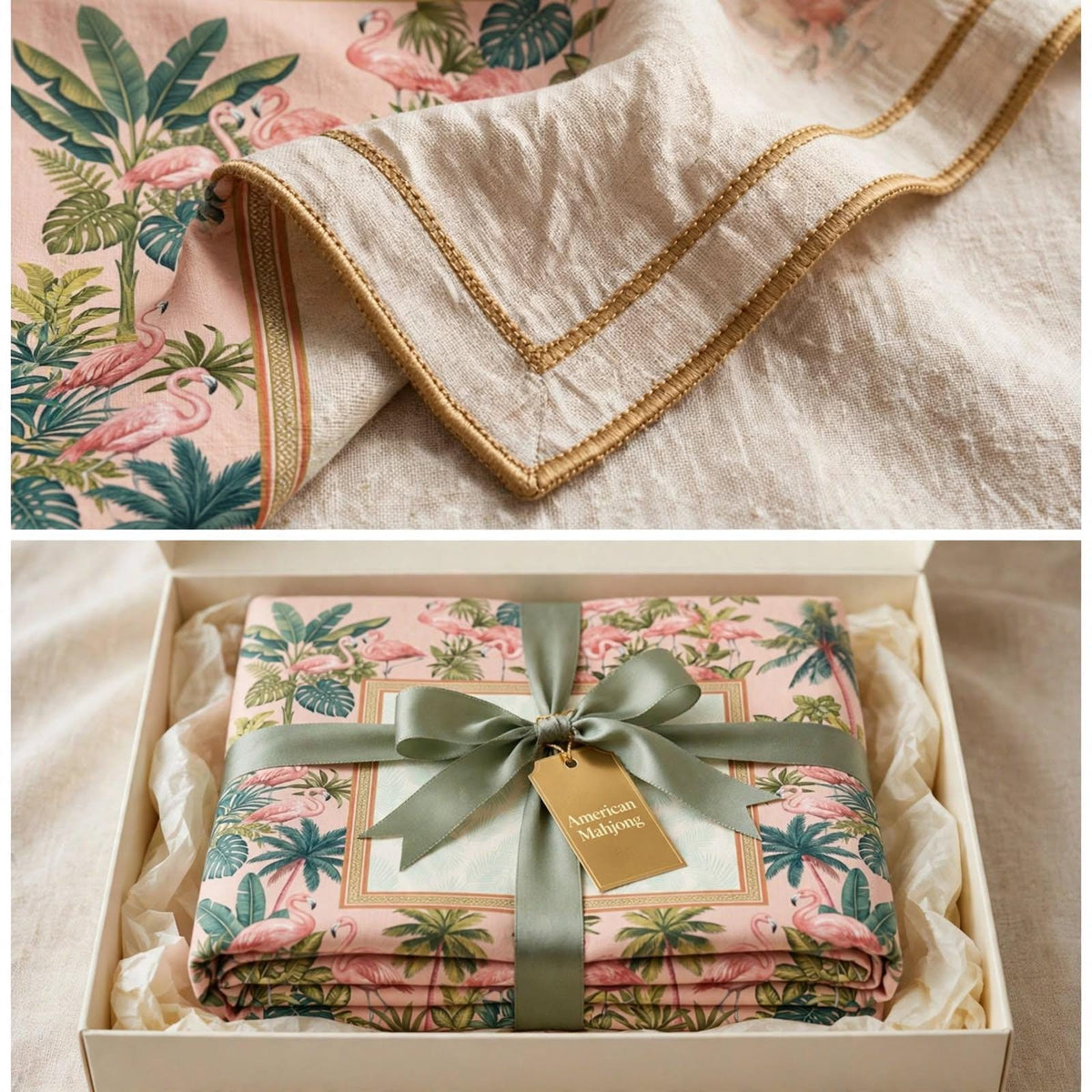 American Mahjong Tablecloth 55x55, Pink Flamingo Bamboo Table Cover, Fan Palm Square Card Table Linen, Mahj Night Decor, Mahjong Player Gift