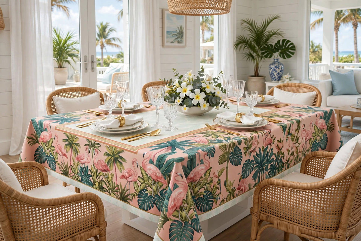 Banana Leaf Tablecloth 55x55, Blush Pink Jungle Mahjong Table Cover, Hollywood Regency Square Linen, Flamingo Game Night Decor, Hostess Gift