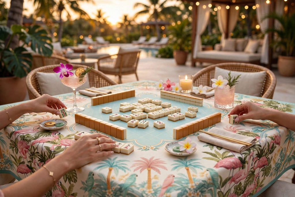 Aqua Parrot Tablecloth 55x55, Old Florida Tropical Mahjong Table Cover, Scalloped Card Table Linen, Lanai Party Decor, Mahjong Club Gift