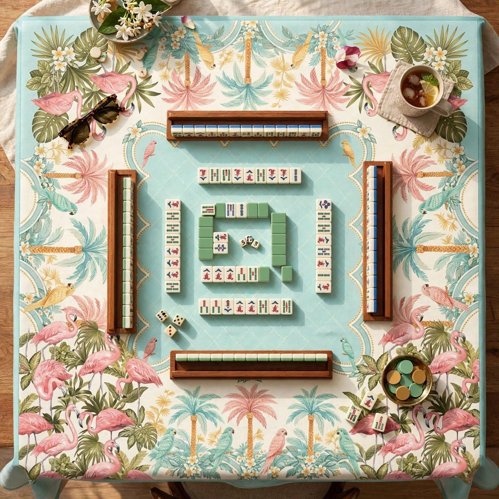 Aqua Parrot Tablecloth 55x55, Old Florida Tropical Mahjong Table Cover, Scalloped Card Table Linen, Lanai Party Decor, Mahjong Club Gift