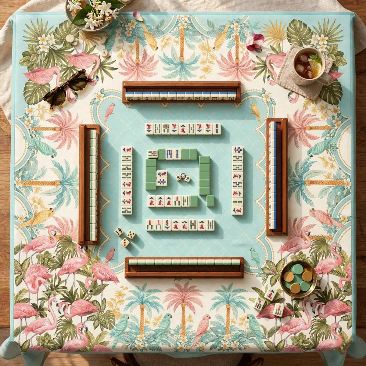 Aqua Parrot Tablecloth 55x55, Old Florida Tropical Mahjong Table Cover, Scalloped Card Table Linen, Lanai Party Decor, Mahjong Club Gift