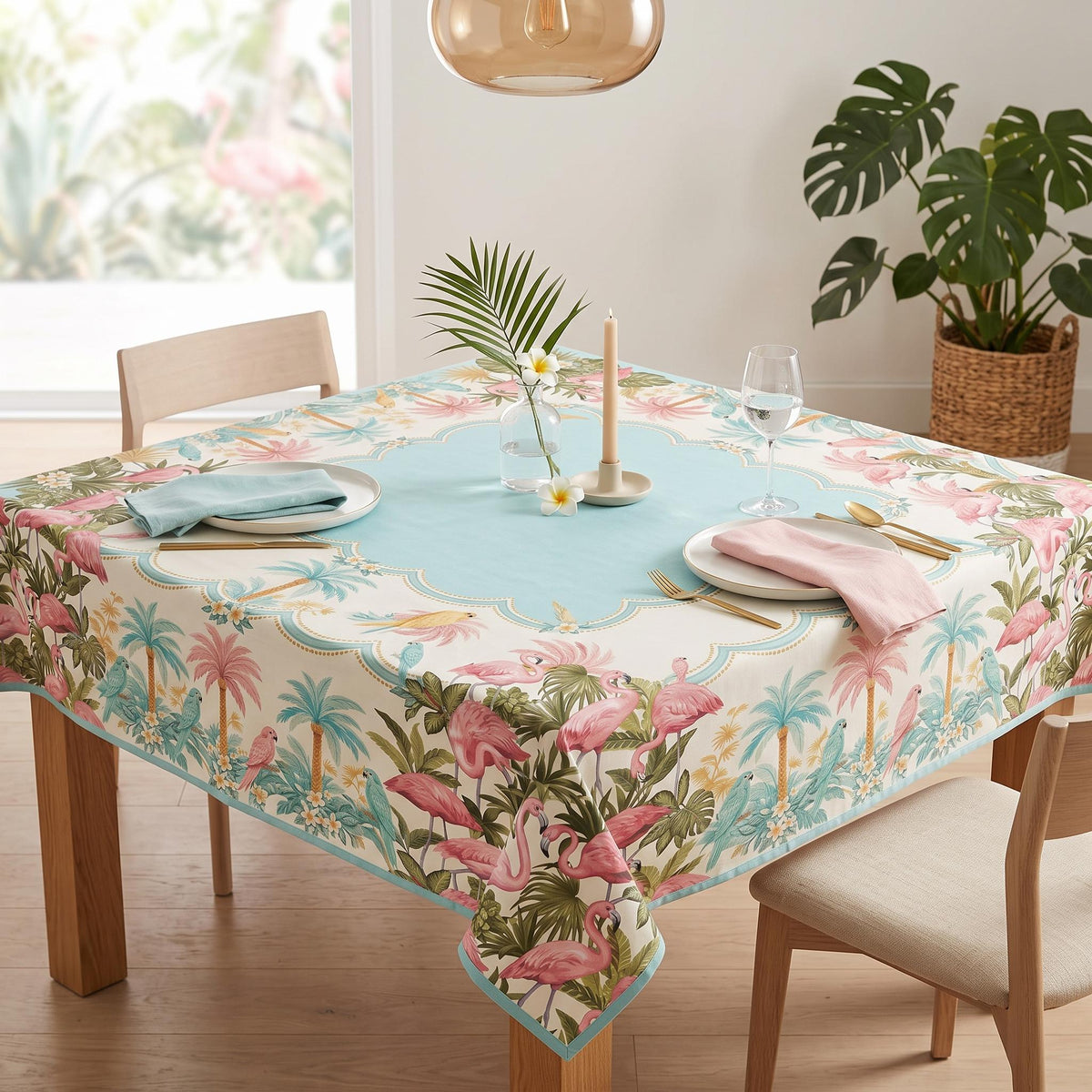 Aqua Parrot Tablecloth 55x55, Old Florida Tropical Mahjong Table Cover, Scalloped Card Table Linen, Lanai Party Decor, Mahjong Club Gift