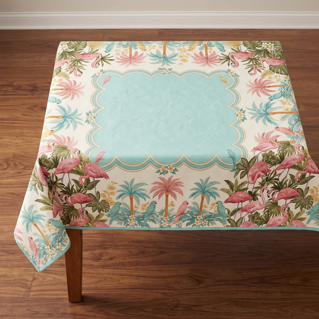 Aqua Parrot Tablecloth 55x55, Old Florida Tropical Mahjong Table Cover, Scalloped Card Table Linen, Lanai Party Decor, Mahjong Club Gift