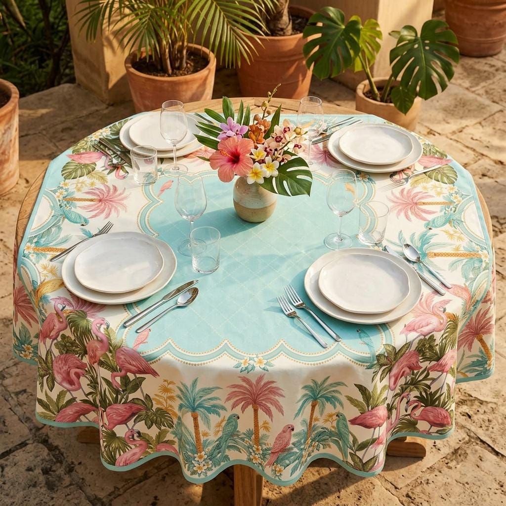Aqua Parrot Tablecloth 55x55, Old Florida Tropical Mahjong Table Cover, Scalloped Card Table Linen, Lanai Party Decor, Mahjong Club Gift