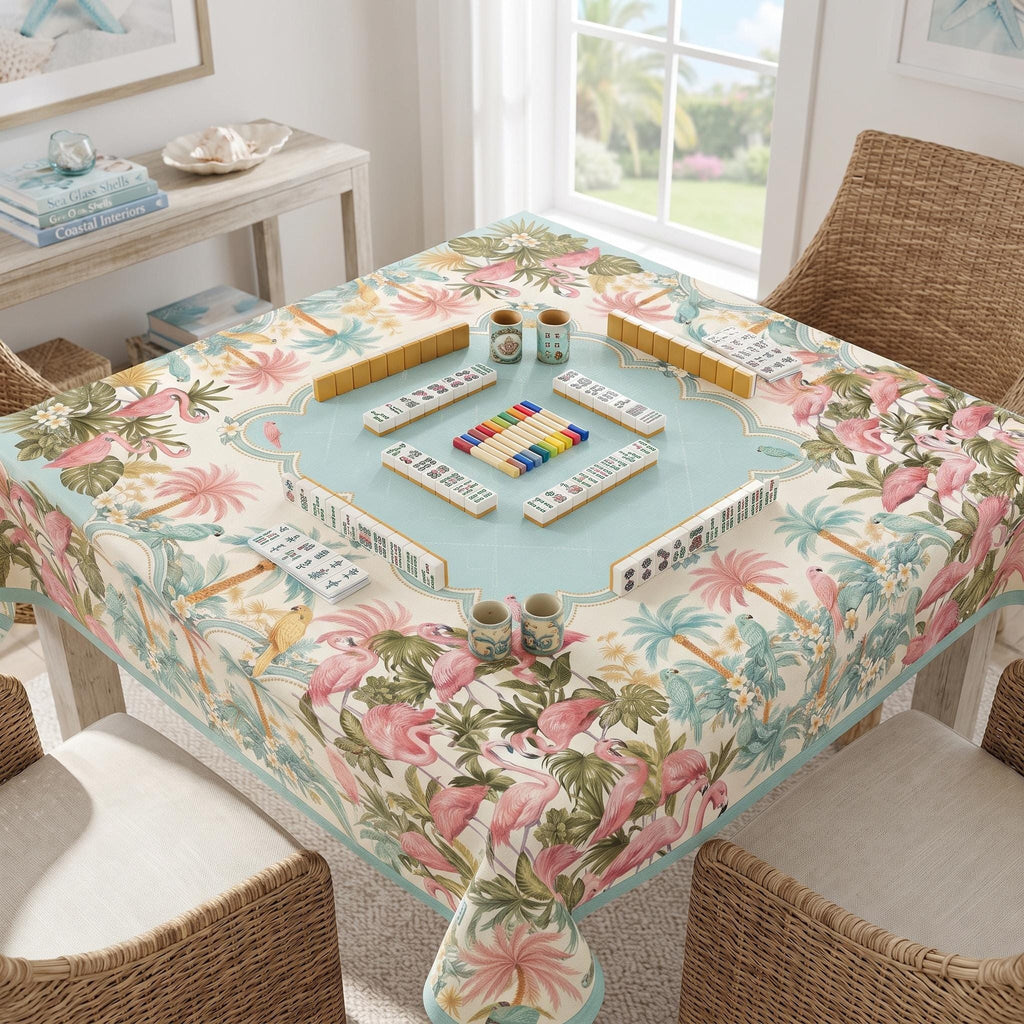 Aqua Parrot Tablecloth 55x55, Old Florida Tropical Mahjong Table Cover, Scalloped Card Table Linen, Lanai Party Decor, Mahjong Club Gift