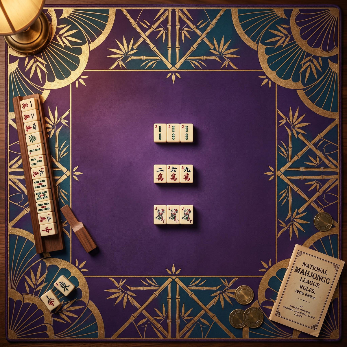 Purple Teal Mahjong Mat, Gold Bamboo Fan Medallion Table Cover, Non Slip Rollable Mahjong Playmat, Jewel Tone Mahjong Gift for Her
