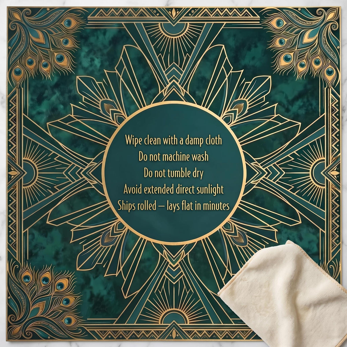 Emerald Green Mahjong Mat, Gold Art Deco Medallion Table Cover, Non Slip Roll Up Mahjong Gift, Christmas Gift for Mahjong Players