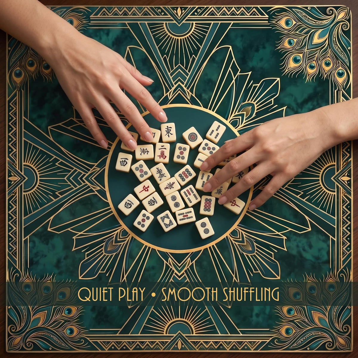 Emerald Green Mahjong Mat, Gold Art Deco Medallion Table Cover, Non Slip Roll Up Mahjong Gift, Christmas Gift for Mahjong Players