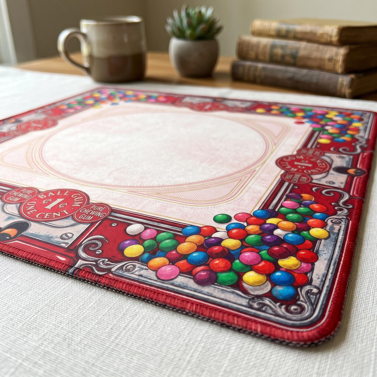 Gumball Machine Mahjong Mat, Retro Candy Shop Table Mat, Red Bubblegum Vintage Americana Decor, Non Slip Roll Up Game Night Gift