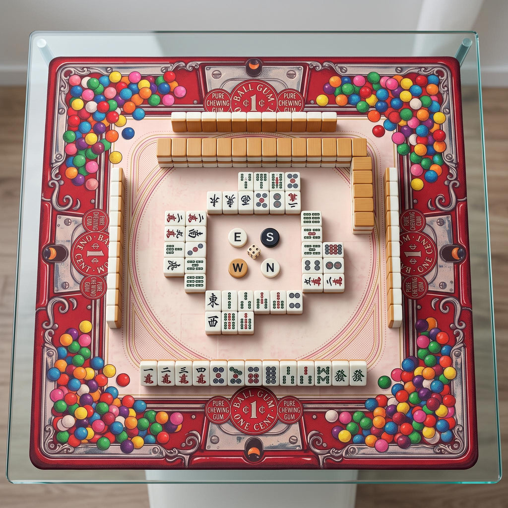 Gumball Machine Mahjong Mat, Retro Candy Shop Table Mat, Red Bubblegum Vintage Americana Decor, Non Slip Roll Up Game Night Gift