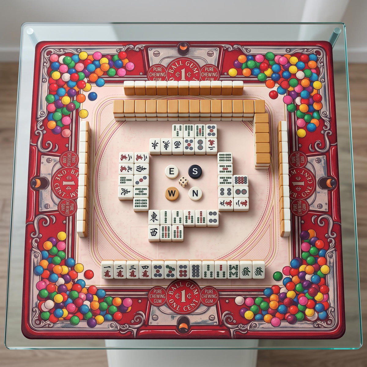 Gumball Machine Mahjong Mat, Retro Candy Shop Table Mat, Red Bubblegum Vintage Americana Decor, Non Slip Roll Up Game Night Gift