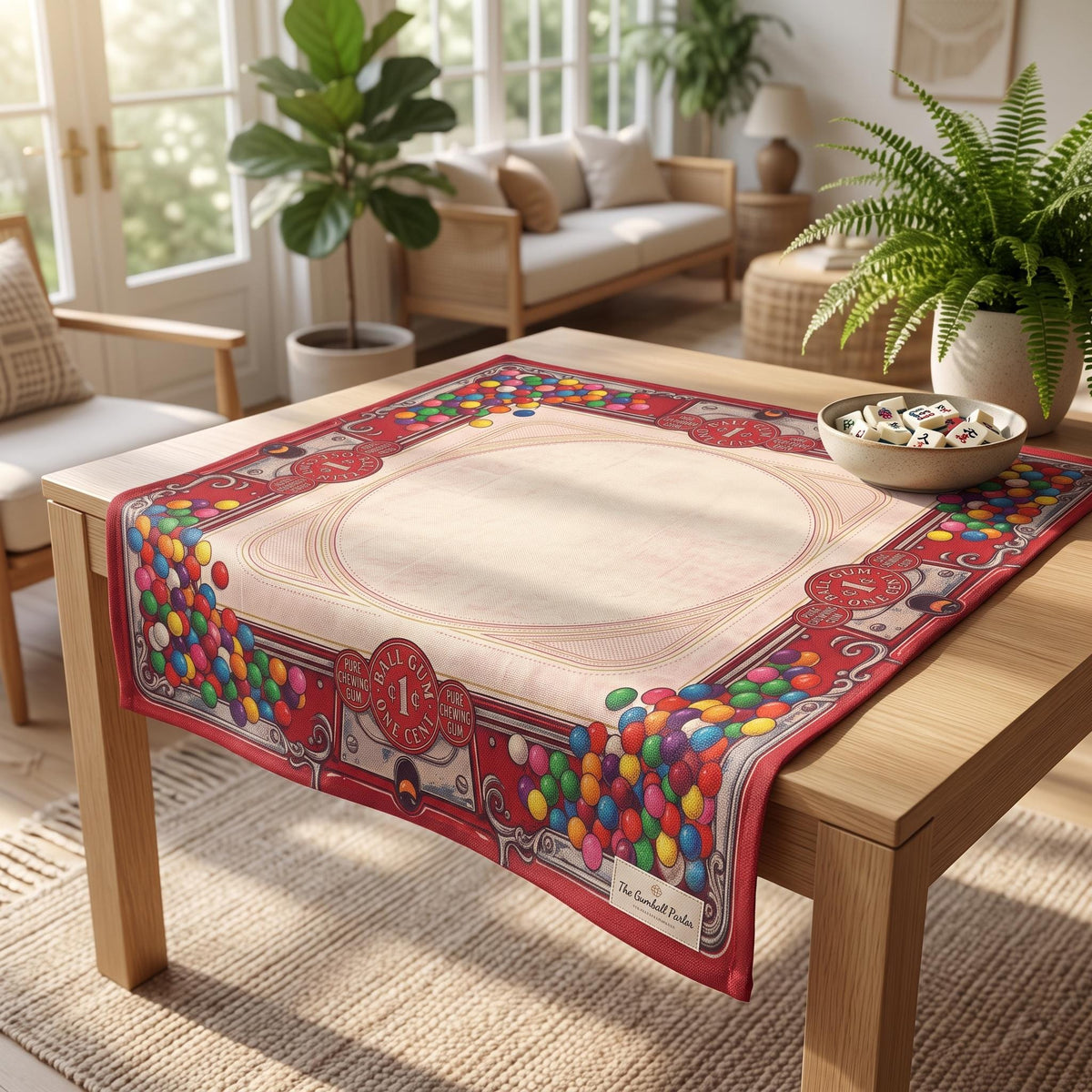 Gumball Machine Mahjong Mat, Retro Candy Shop Table Mat, Red Bubblegum Vintage Americana Decor, Non Slip Roll Up Game Night Gift