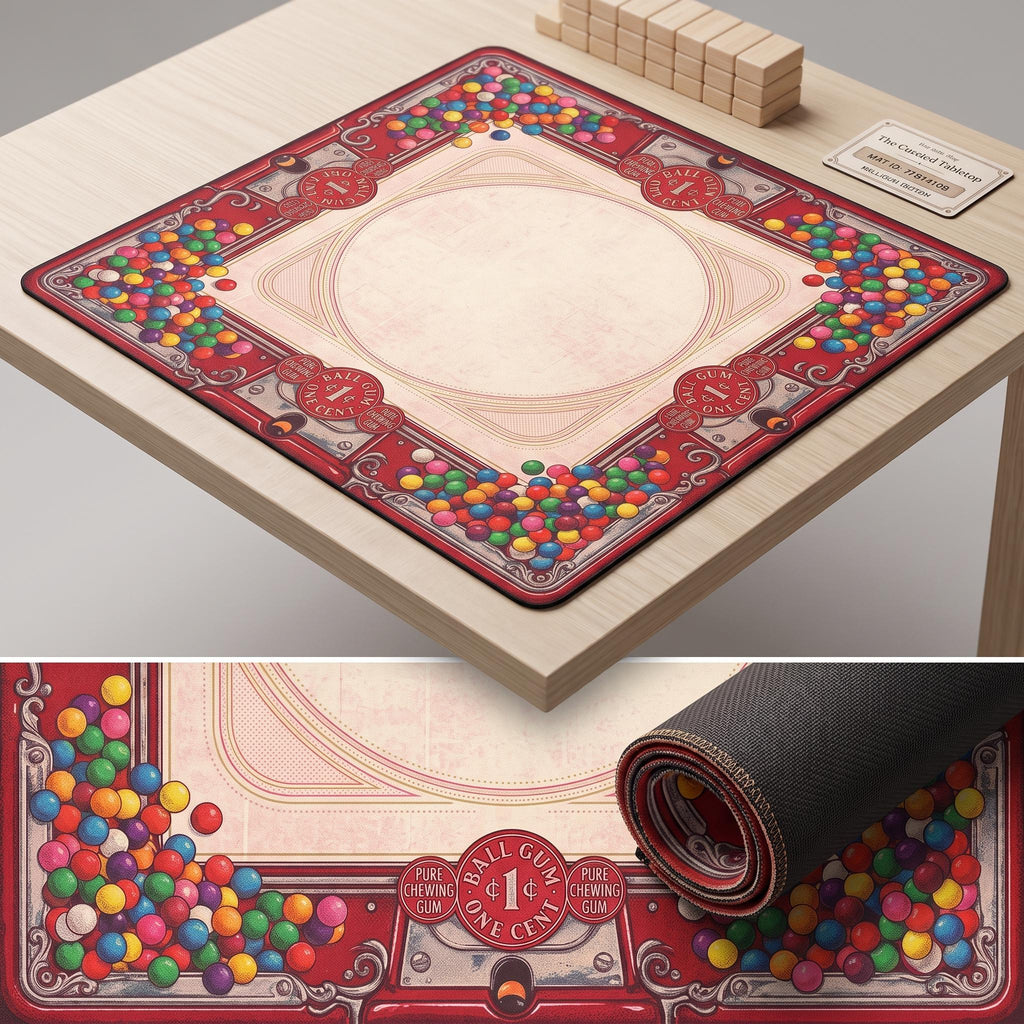 Gumball Machine Mahjong Mat, Retro Candy Shop Table Mat, Red Bubblegum Vintage Americana Decor, Non Slip Roll Up Game Night Gift