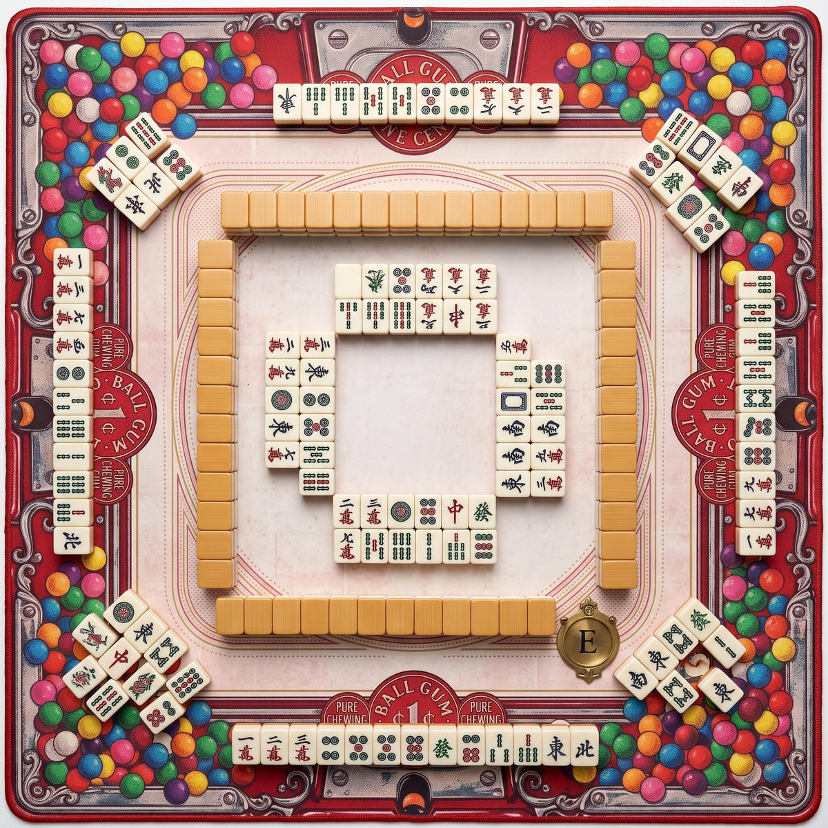 Gumball Machine Mahjong Mat, Retro Candy Shop Table Mat, Red Bubblegum Vintage Americana Decor, Non Slip Roll Up Game Night Gift