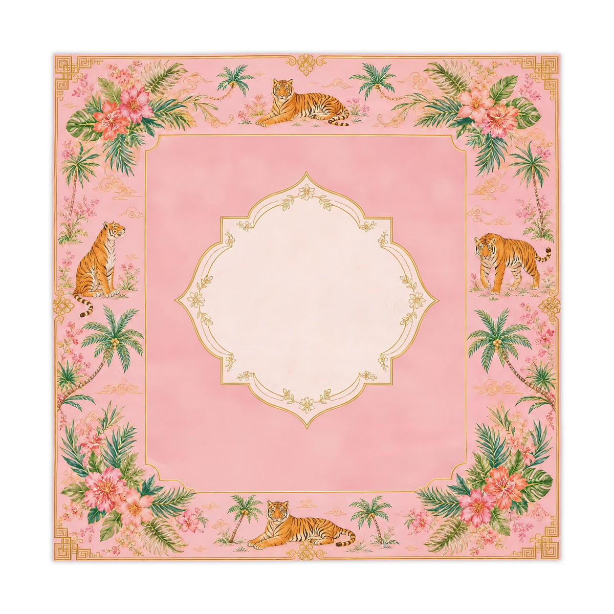 Pink Chinoiserie Tablecloth, Tiger Palm Mahjong Table Cover, Square Card Table Linen 55x55, Grandmillennial Palm Beach Decor, Hostess Gift