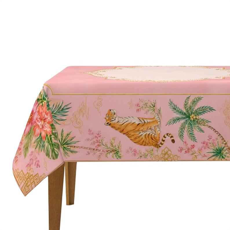 Pink Chinoiserie Tablecloth, Tiger Palm Mahjong Table Cover, Square Card Table Linen 55x55, Grandmillennial Palm Beach Decor, Hostess Gift