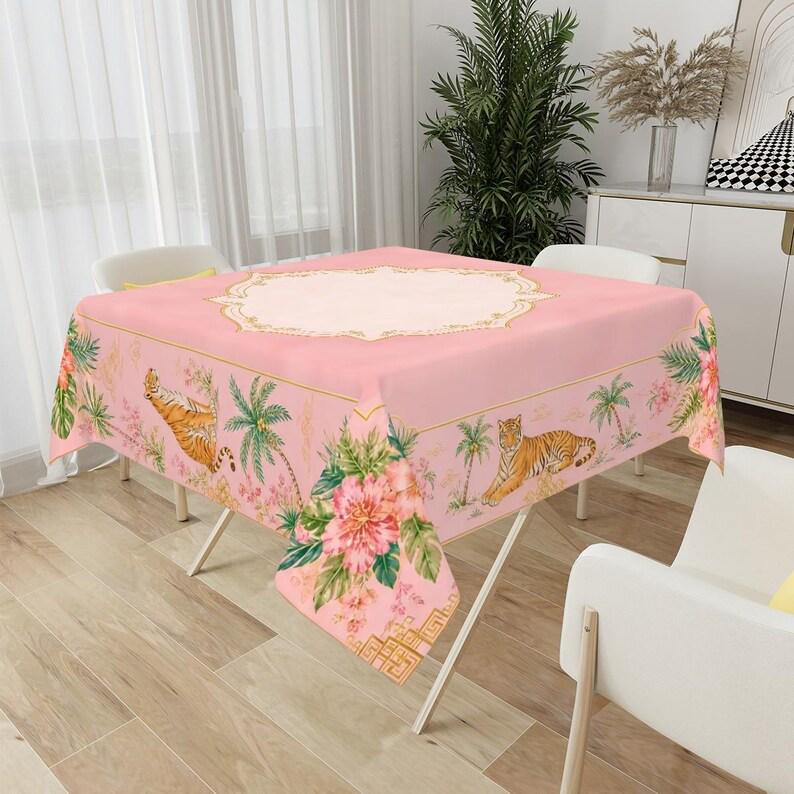 Pink Chinoiserie Tablecloth, Tiger Palm Mahjong Table Cover, Square Card Table Linen 55x55, Grandmillennial Palm Beach Decor, Hostess Gift