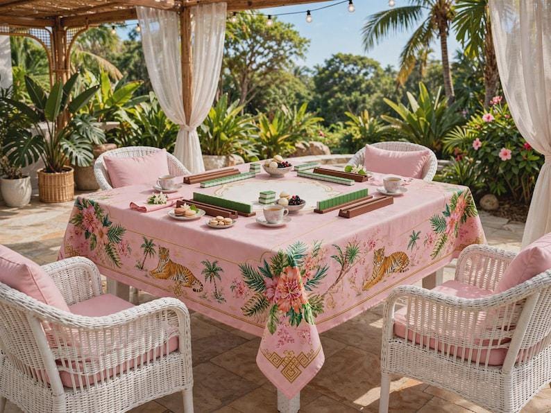 Pink Chinoiserie Tablecloth, Tiger Palm Mahjong Table Cover, Square Card Table Linen 55x55, Grandmillennial Palm Beach Decor, Hostess Gift