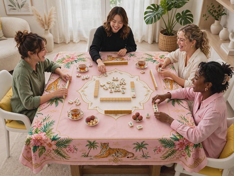 Pink Chinoiserie Tablecloth, Tiger Palm Mahjong Table Cover, Square Card Table Linen 55x55, Grandmillennial Palm Beach Decor, Hostess Gift