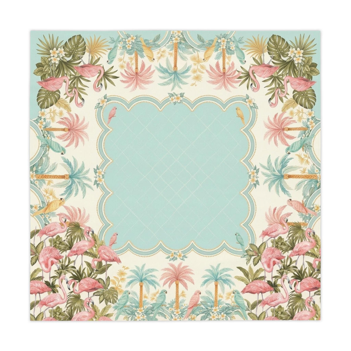 Aqua Parrot Tablecloth 55x55, Old Florida Tropical Mahjong Table Cover, Scalloped Card Table Linen, Lanai Party Decor, Mahjong Club Gift