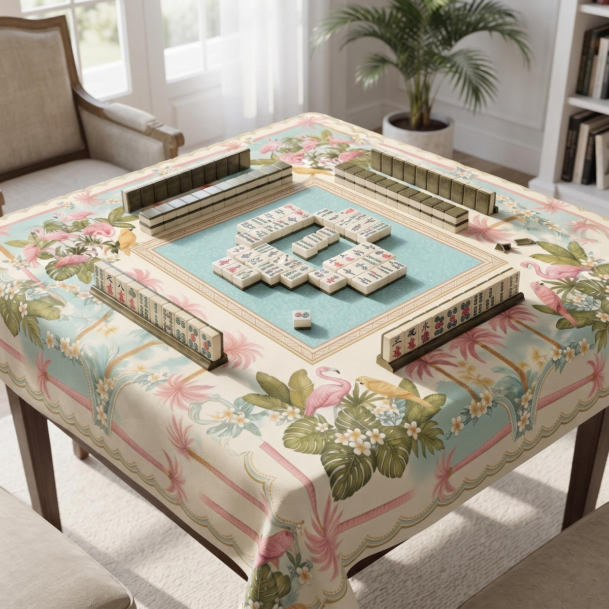 Cockatoo Palm Tablecloth 55x55, Pink Plumeria Mahjong Table Linen, Pastel Resort Square Table Cover, Preppy Decor, Mahjong Ladies Gift
