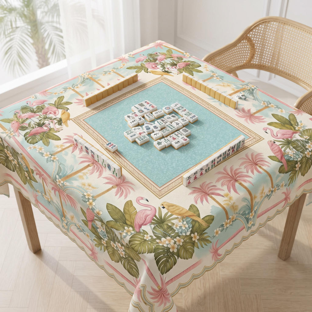 Cockatoo Palm Tablecloth 55x55, Pink Plumeria Mahjong Table Linen, Pastel Resort Square Table Cover, Preppy Decor, Mahjong Ladies Gift