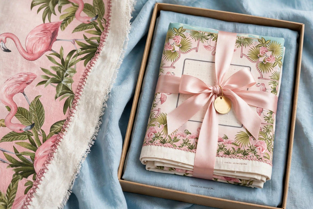 American Mahjong Tablecloth 55x55, Pink Flamingo Bamboo Table Cover, Fan Palm Square Card Table Linen, Mahj Night Decor, Mahjong Player Gift