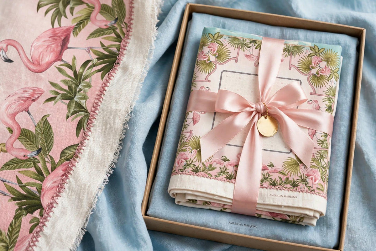 American Mahjong Tablecloth 55x55, Pink Flamingo Bamboo Table Cover, Fan Palm Square Card Table Linen, Mahj Night Decor, Mahjong Player Gift
