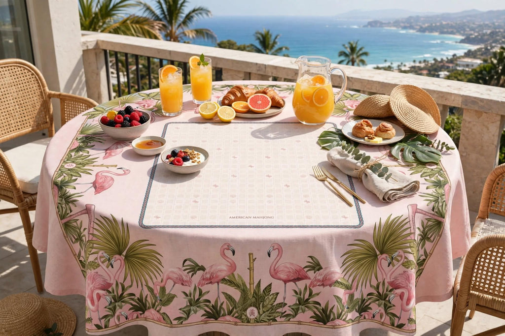 American Mahjong Tablecloth 55x55, Pink Flamingo Bamboo Table Cover, Fan Palm Square Card Table Linen, Mahj Night Decor, Mahjong Player Gift