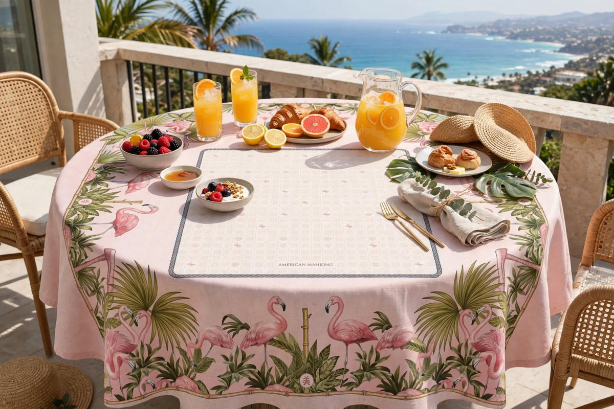American Mahjong Tablecloth 55x55, Pink Flamingo Bamboo Table Cover, Fan Palm Square Card Table Linen, Mahj Night Decor, Mahjong Player Gift
