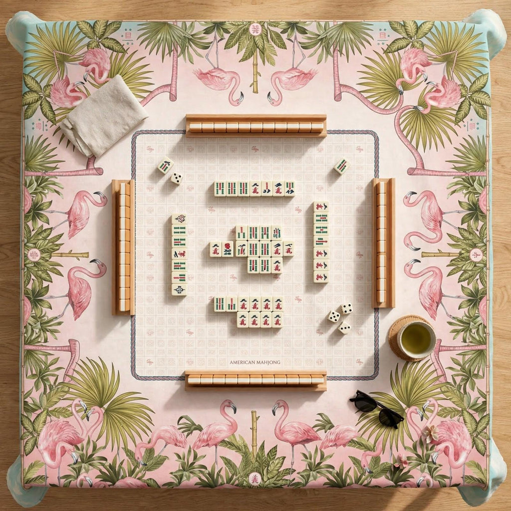 American Mahjong Tablecloth 55x55, Pink Flamingo Bamboo Table Cover, Fan Palm Square Card Table Linen, Mahj Night Decor, Mahjong Player Gift