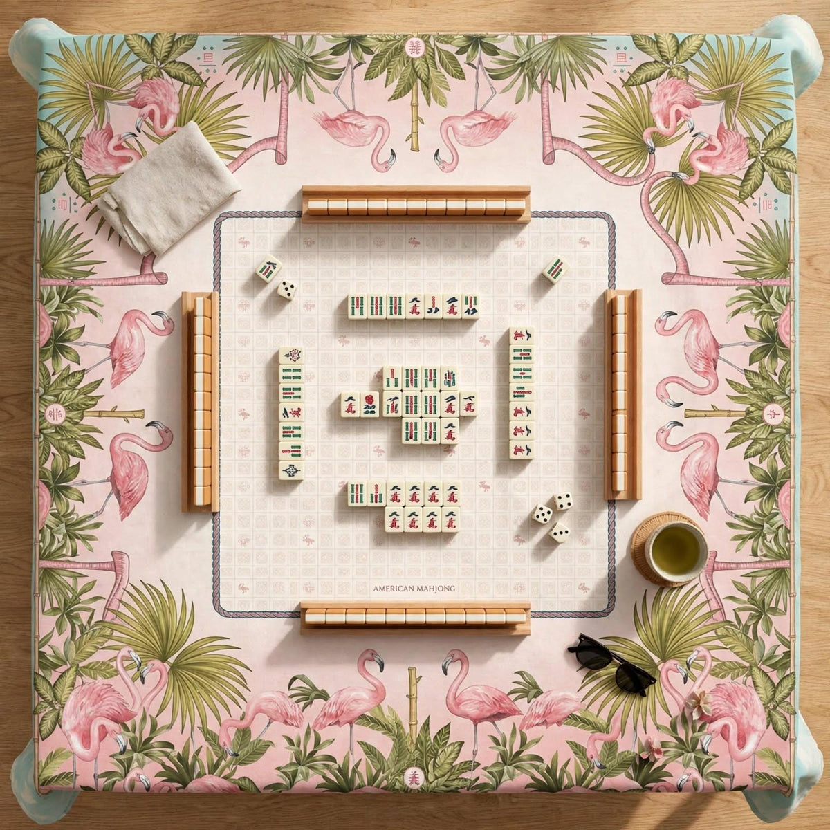 American Mahjong Tablecloth 55x55, Pink Flamingo Bamboo Table Cover, Fan Palm Square Card Table Linen, Mahj Night Decor, Mahjong Player Gift