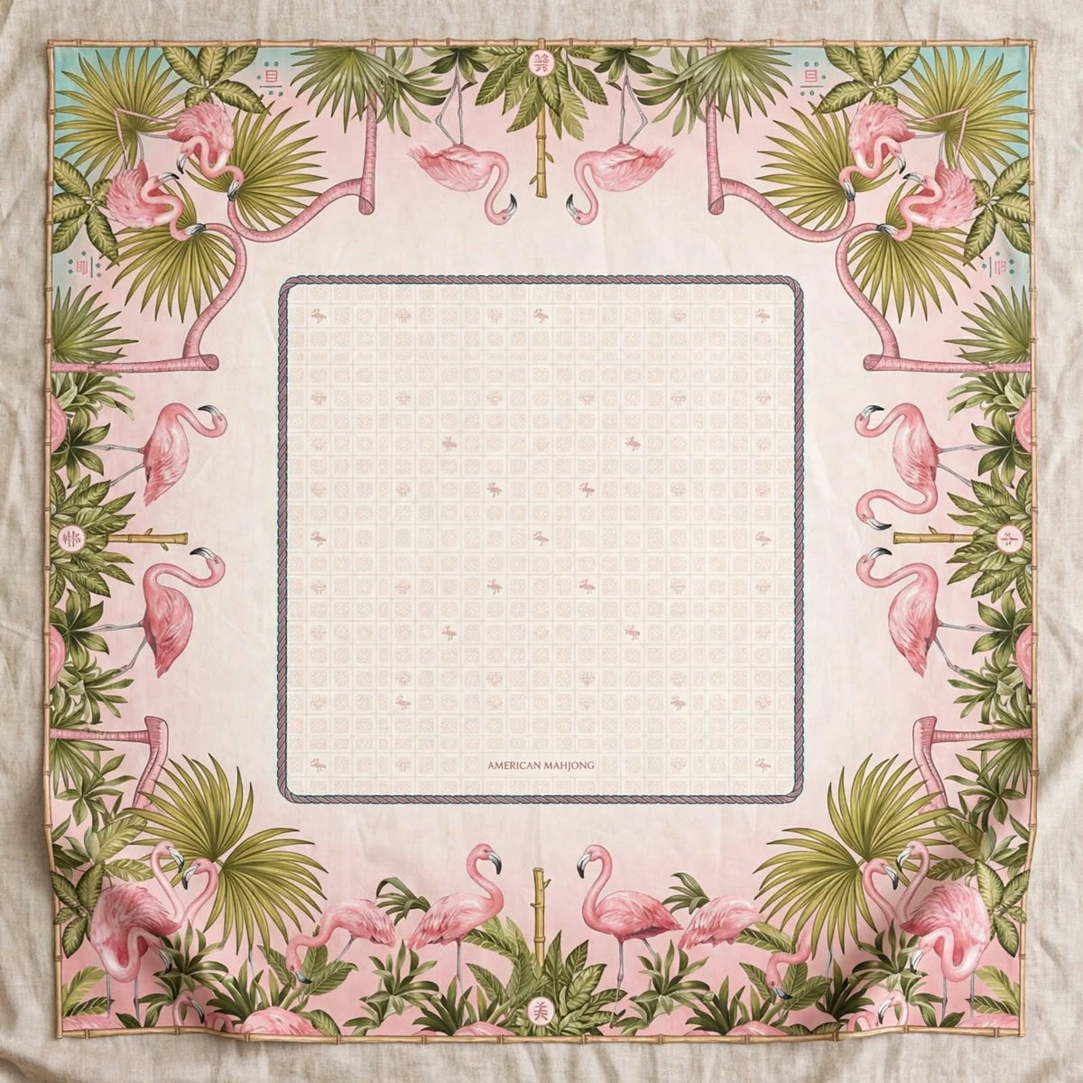 American Mahjong Tablecloth 55x55, Pink Flamingo Bamboo Table Cover, Fan Palm Square Card Table Linen, Mahj Night Decor, Mahjong Player Gift