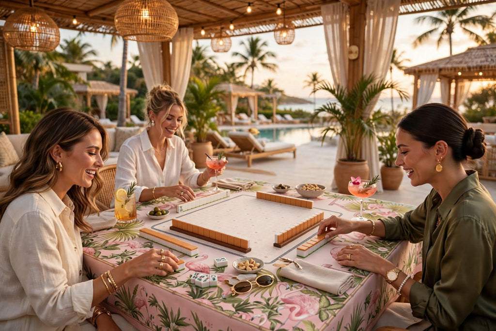 American Mahjong Tablecloth 55x55, Pink Flamingo Bamboo Table Cover, Fan Palm Square Card Table Linen, Mahj Night Decor, Mahjong Player Gift