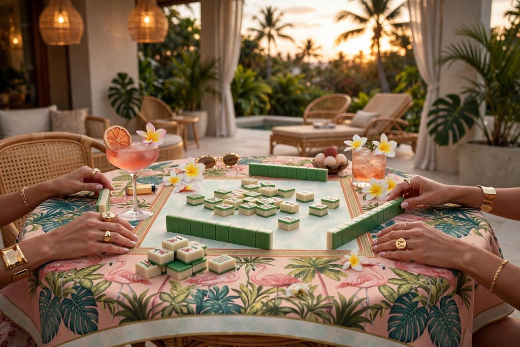 Banana Leaf Tablecloth 55x55, Blush Pink Jungle Mahjong Table Cover, Hollywood Regency Square Linen, Flamingo Game Night Decor, Hostess Gift