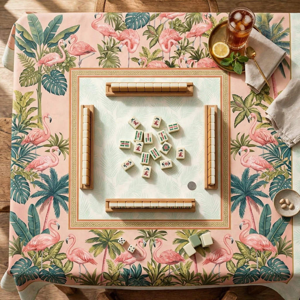 Banana Leaf Tablecloth 55x55, Blush Pink Jungle Mahjong Table Cover, Hollywood Regency Square Linen, Flamingo Game Night Decor, Hostess Gift