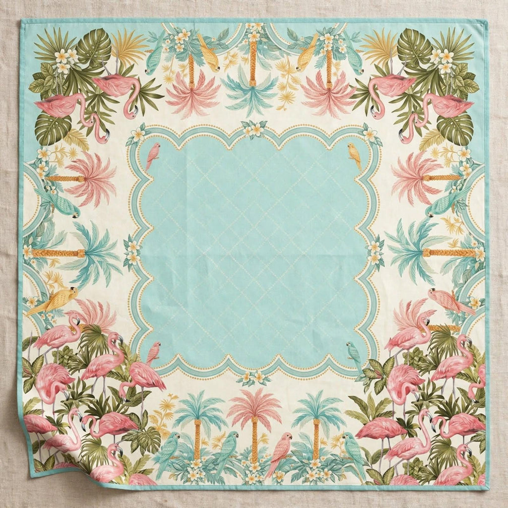 Aqua Parrot Tablecloth 55x55, Old Florida Tropical Mahjong Table Cover, Scalloped Card Table Linen, Lanai Party Decor, Mahjong Club Gift