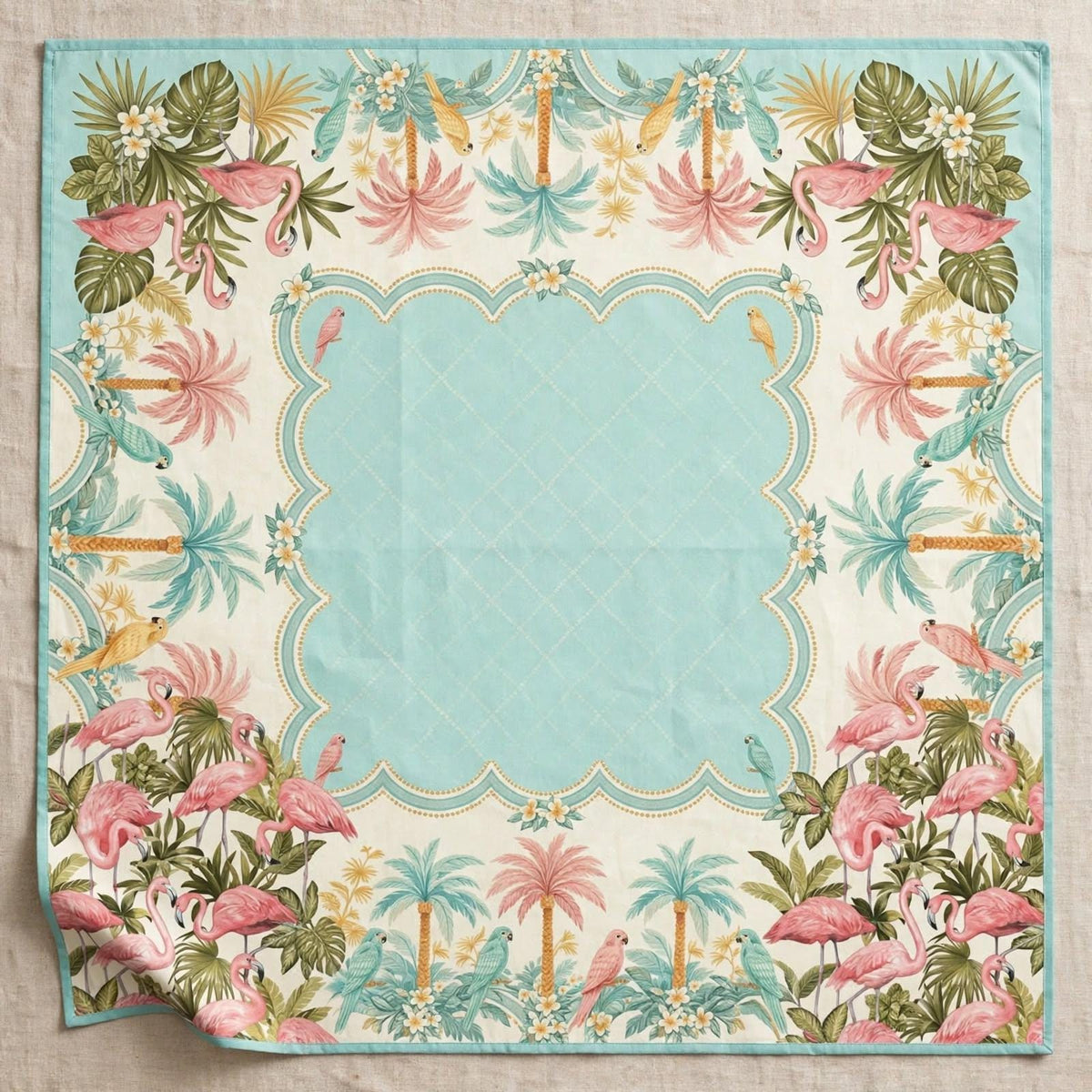 Aqua Parrot Tablecloth 55x55, Old Florida Tropical Mahjong Table Cover, Scalloped Card Table Linen, Lanai Party Decor, Mahjong Club Gift