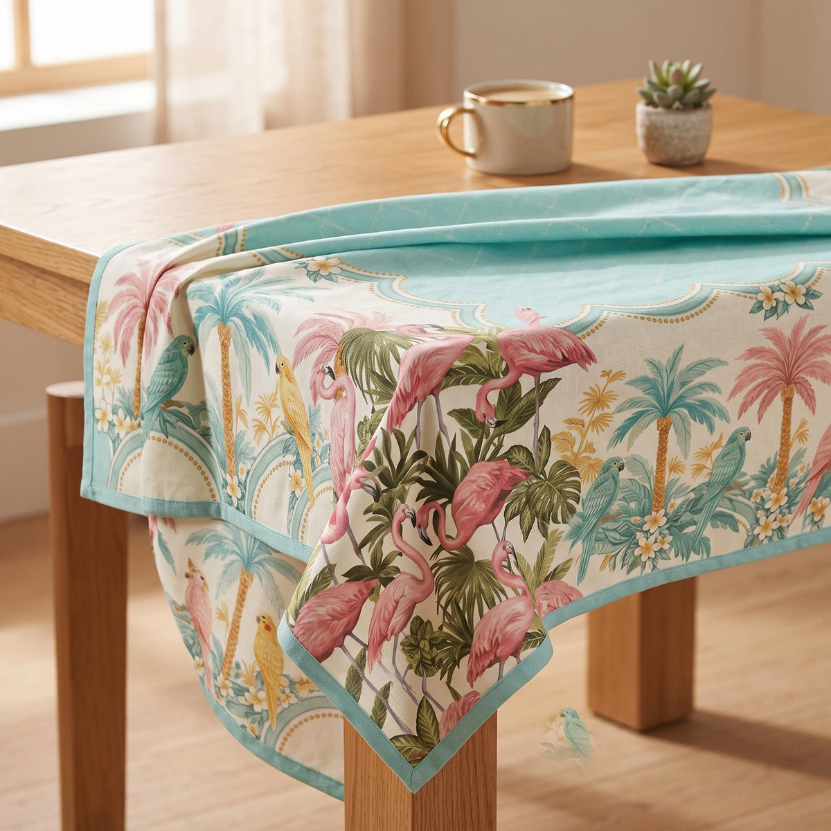 Aqua Parrot Tablecloth 55x55, Old Florida Tropical Mahjong Table Cover, Scalloped Card Table Linen, Lanai Party Decor, Mahjong Club Gift