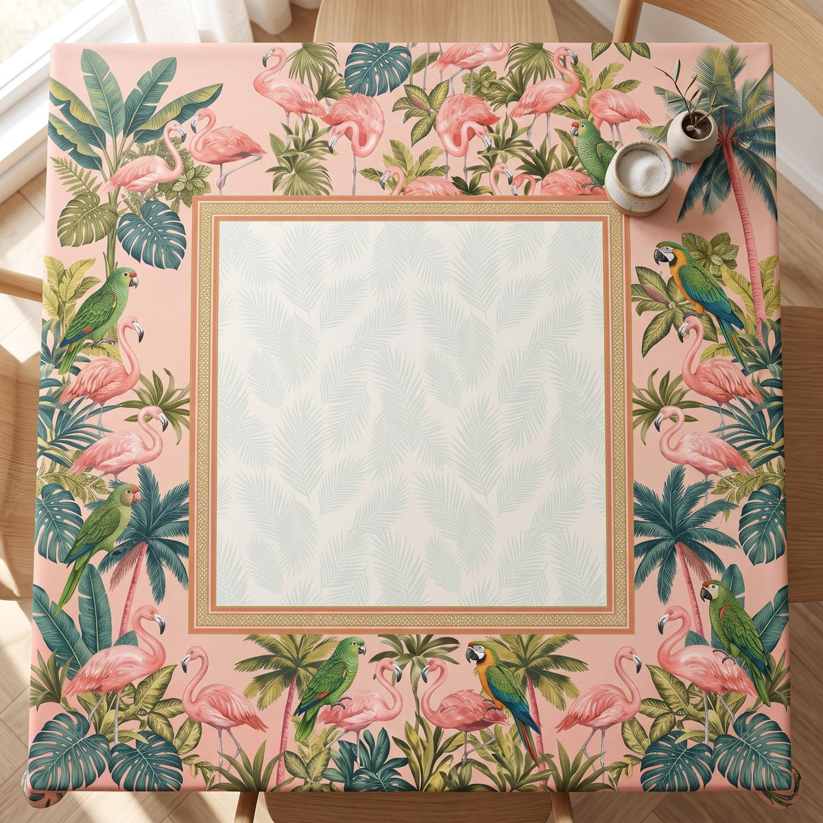 Banana Leaf Tablecloth 55x55, Blush Pink Jungle Mahjong Table Cover, Hollywood Regency Square Linen, Flamingo Game Night Decor, Hostess Gift