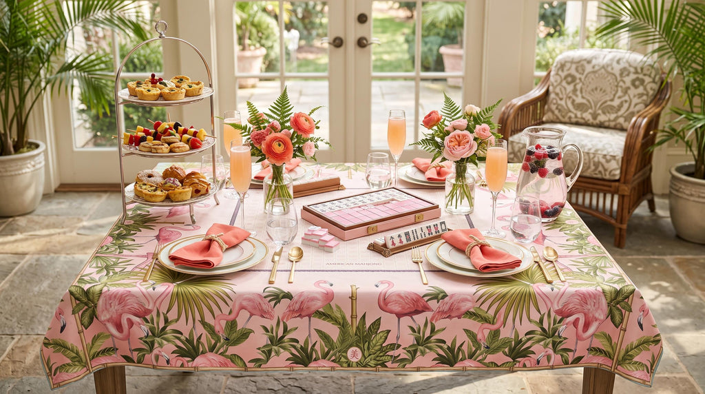 American Mahjong Tablecloth 55x55, Pink Flamingo Bamboo Table Cover, Fan Palm Square Card Table Linen, Mahj Night Decor, Mahjong Player Gift