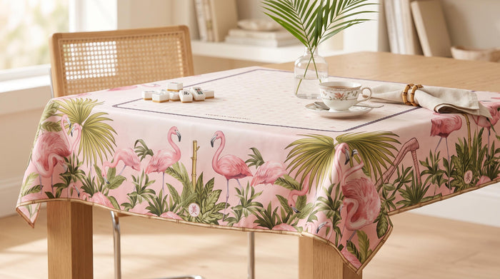 American Mahjong Tablecloth 55x55, Pink Flamingo Bamboo Table Cover, Fan Palm Square Card Table Linen, Mahj Night Decor, Mahjong Player Gift