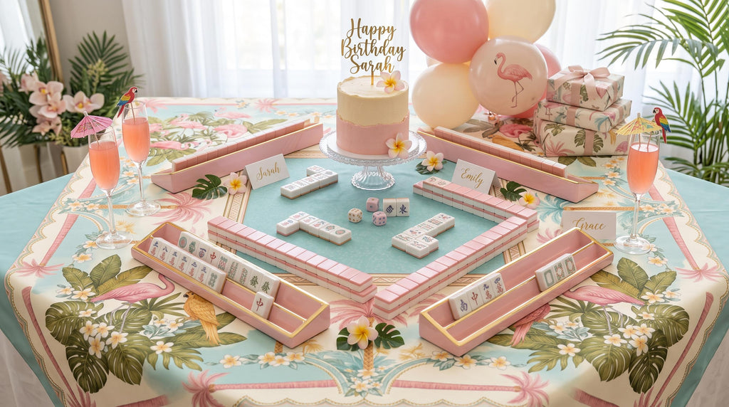 Cockatoo Palm Tablecloth 55x55, Pink Plumeria Mahjong Table Linen, Pastel Resort Square Table Cover, Preppy Decor, Mahjong Ladies Gift