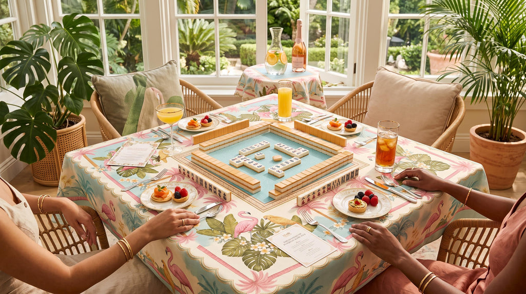 Cockatoo Palm Tablecloth 55x55, Pink Plumeria Mahjong Table Linen, Pastel Resort Square Table Cover, Preppy Decor, Mahjong Ladies Gift