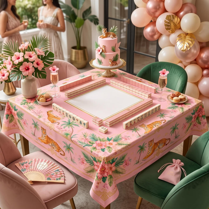 Pink Chinoiserie Tablecloth, Tiger Palm Mahjong Table Cover, Square Card Table Linen 55x55, Grandmillennial Palm Beach Decor, Hostess Gift
