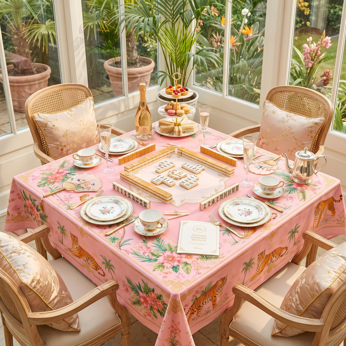 Pink Chinoiserie Tablecloth, Tiger Palm Mahjong Table Cover, Square Card Table Linen 55x55, Grandmillennial Palm Beach Decor, Hostess Gift