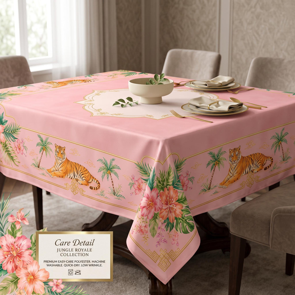 Pink Chinoiserie Tablecloth, Tiger Palm Mahjong Table Cover, Square Card Table Linen 55x55, Grandmillennial Palm Beach Decor, Hostess Gift