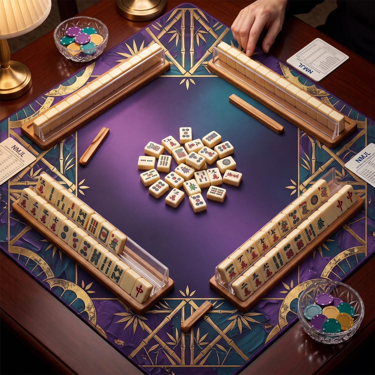 Purple Teal Mahjong Mat, Gold Bamboo Fan Medallion Table Cover, Non Slip Rollable Mahjong Playmat, Jewel Tone Mahjong Gift for Her